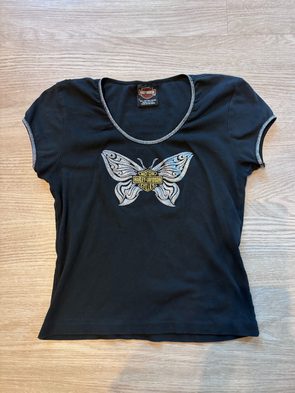 Harley Davidson Women’s M Babydoll T Shirt Glitter Butterfly Las Vegas Biker Y2K